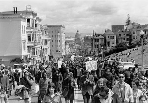 Anti-Vietnam war demonstrators fill Fulton Street in San Francisco on April 15, 1967. The five-mile march through the city will end with a peace rally at Kezar Stadium. In the background is San Francisco City Hall. (AP Photo)